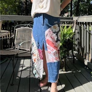 Upcycled jeans skirt, patchwork jean skirt, maxi jean skirt